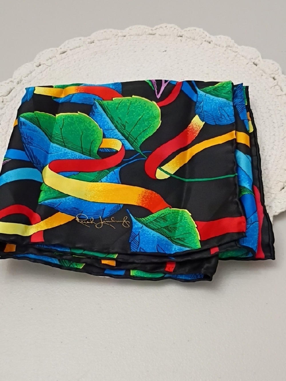 Rush Limbaugh Black Multicolor Silk Scarf with Leaf & Ribbon Print Bright Colors